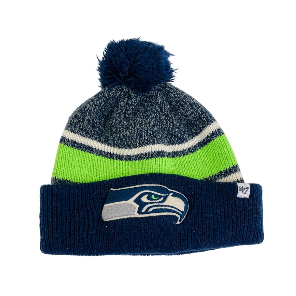 47 Brand Seattle Seahawks Knit Beanie Hat Cuffed Pom Pom Navy Lime Green NFL